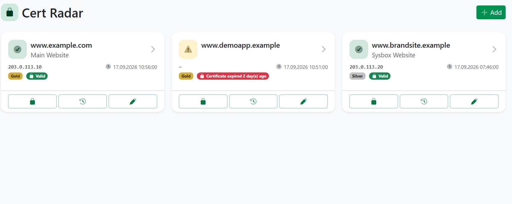 Cert Radar dashboard showing three monitored websites, one with an expired certificate flagged