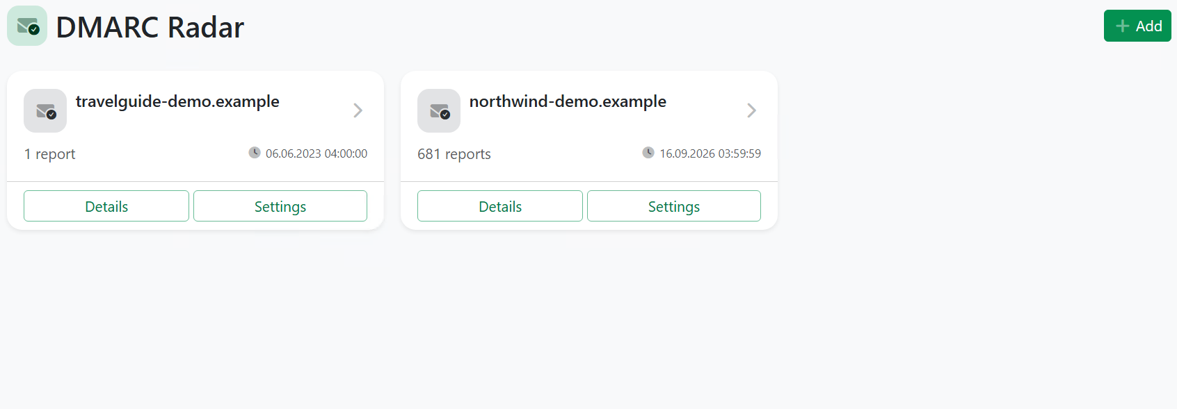 DMARC Radar dashboard showing two tracked domains and their report counts